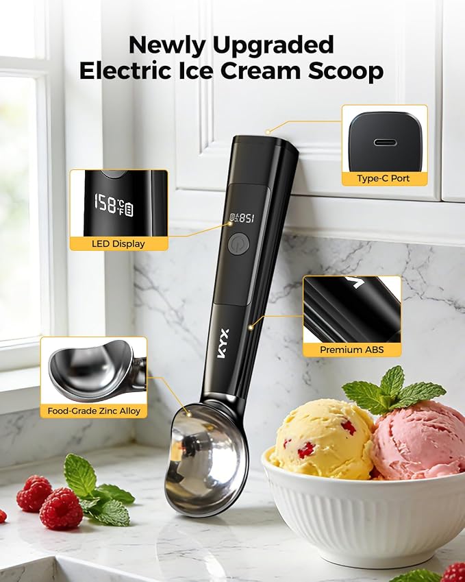 KYX Heated Ice Cream Scoop Rechargeable, Electric Ice Cream Scoop with 3-Level Heat 95-158°F, LED Display, IPX6 Waterproof, 3200mAh Battery, Easy Scoop for Hard Ice Cream, Gelato & Frozen Desserts