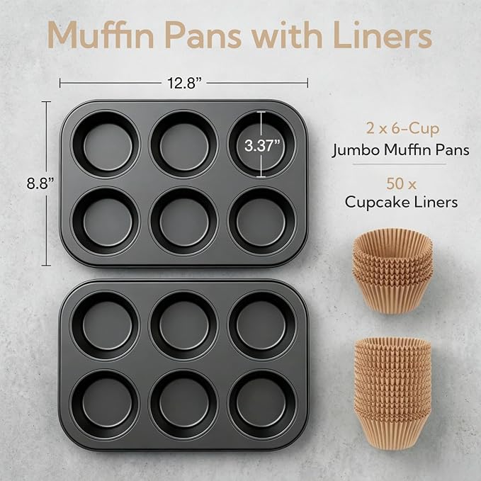 Artcochan 2 Pack Jumbo Muffin Pan with 50 Cupcake Liners, Extra Large 6 Cup Nonstick Carbon Steel Cupcake Pan, Jumbo Muffin Tin for Baking Supplies