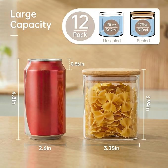17 oz Square Glass Food Storage Containers with Airtight Bamboo Lids 12Pack | Stackable Small Pantry Jar for Spices, Nuts & Seed, Durable Borosilicate Glass Canister Keep Food Fresh, Easy to Fill & Clean
