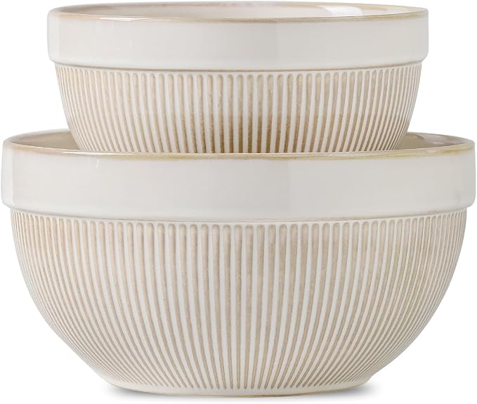 Ceramic Large Glazed White Stripe Mixing Bowls for Kitchen, Set of 2 Big Serving Bowls for Cooking, Popcorn, Salad, Soup, Baking, Dough Bread Making Bowl, 10 inch + 8 inch