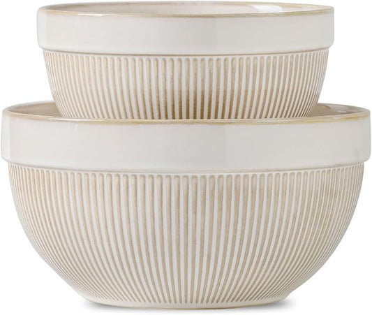Ceramic Large Glazed White Stripe Mixing Bowls for Kitchen, Set of 2 Big Serving Bowls for Cooking, Popcorn, Salad, Soup, Baking, Dough Bread Making Bowl, 10 inch + 8 inch