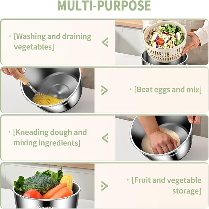 Stainless Steel Salad Spinner Large 5.3QT, ASWETMEL Stainless Salad Spinner with Non-Slip Base Lettuce Spinner, Salad Dryer Spinner for Vegetables & Fruits, Vegetable Washer, Beige