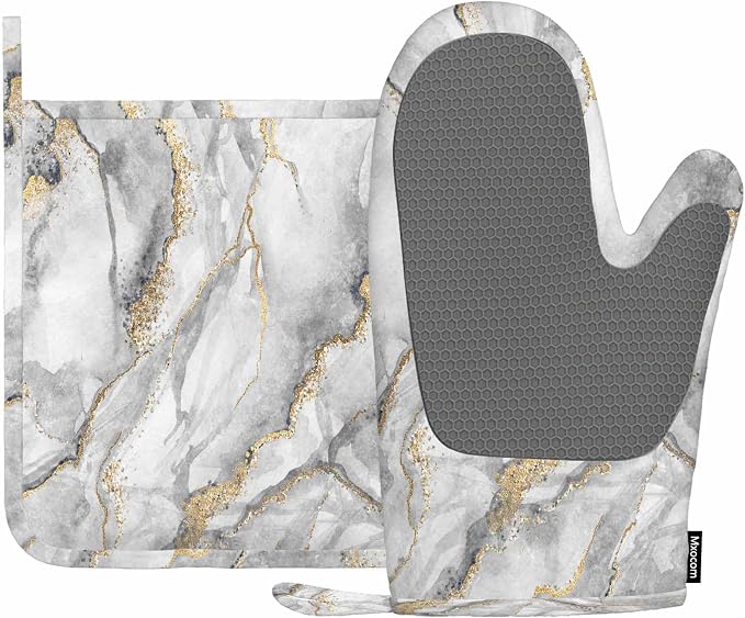 Mxocom White Marble Oven Mitt and Pot Holder with Silicone Fashion Marbling Granite Stone Gold Black Gray Heat Resistant Kitchen for Cooking BBQ Baking Grilling Spring/Summer