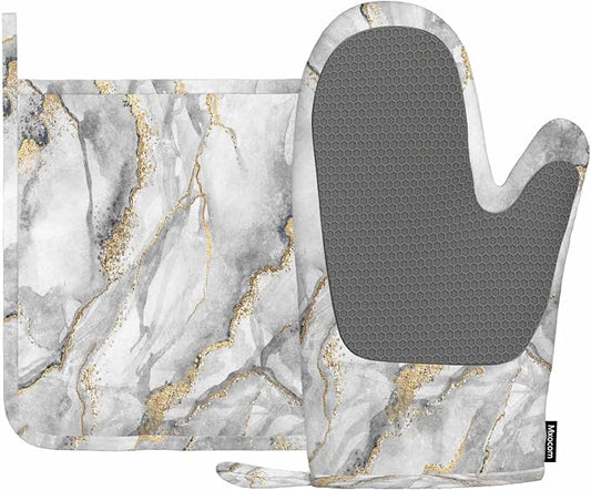 Mxocom White Marble Oven Mitt and Pot Holder with Silicone Fashion Marbling Granite Stone Gold Black Gray Heat Resistant Kitchen for Cooking BBQ Baking Grilling Spring/Summer