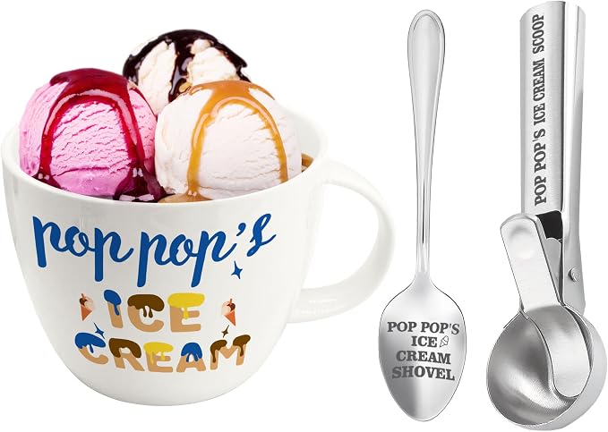 Pop Pop Gifts, Gifts for Pop from Grandkids on Fathers Day, Poppop's Ice Cream Bowl Scoop Shovel Spoon Set, Poppop’s Ice Cream Gift, Christmas Birthday Father's Day Pop Gift for Him Man