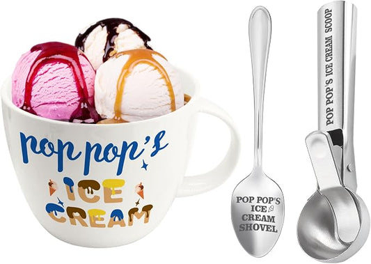 Pop Pop Gifts, Gifts for Pop from Grandkids on Fathers Day, Poppop's Ice Cream Bowl Scoop Shovel Spoon Set, Poppop’s Ice Cream Gift, Christmas Birthday Father's Day Pop Gift for Him Man