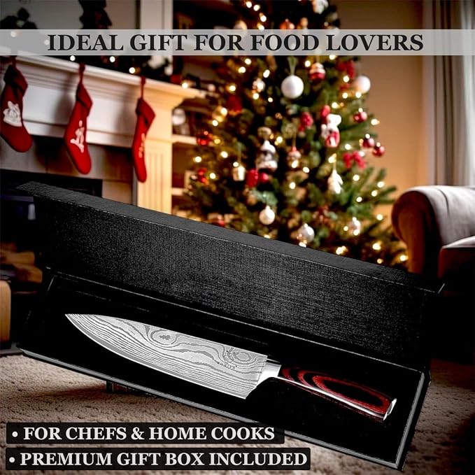 8in Japanese Chef Knife, High Carbon Stainless Steel Kitchen Knife | Razor-sharp Damascus blade for meat, vegetables & garnishes. Ergonomic grip. Professional quality for home cooks.