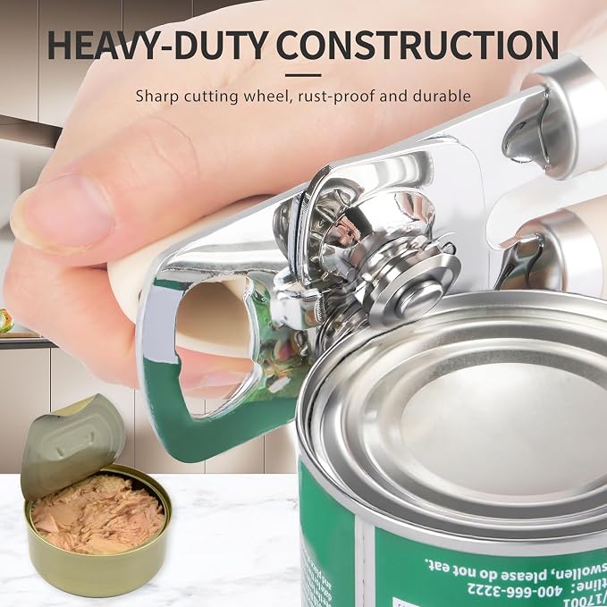 Safring Can Opener Manual, Heavy Duty Stainless Steel Smooth Edge Can Openers With Soft Touch Handle, Oversized Handheld Easy Turn Knob, Multi-Function Bottle Opener, Beige