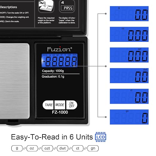 Fuzion Digital Pocket Gram Scale - 1000g/0.1g Small Food Scale Portable | Easy of Use, LCD Display, Tare Function, 6 Modes Ounces Grains, Batteries Included, Travel Food Scale