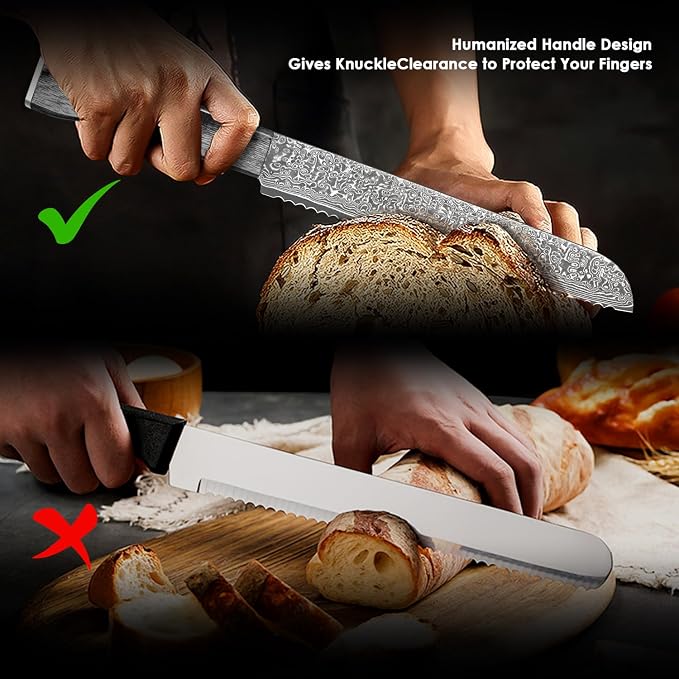 Kuwata Bread Knife, Multifunction Serrated Knife, VG10 Damascus Steel Bread Cutting Knife for Homemade Bread, Razor Sharp Edge for Efficient Slicing Sourdough Bread, Bagels, Cake