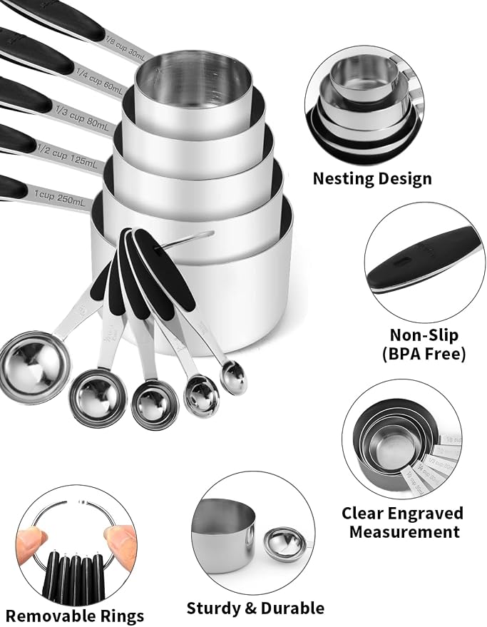 JOYHILL Measuring Cups and Spoons Set 304 Stainless Steel 10-Piece Black | BPA-Free Silicone Handles, Etched Markings, Nestable Design, Dishwasher Safe for Dry & Liquid Ingredients