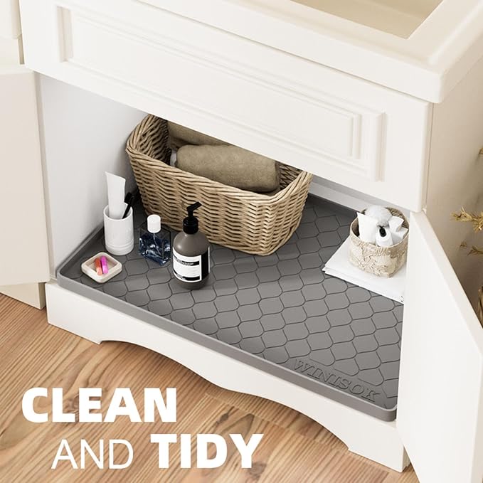 Winisok Waterproof Under Sink Mat 28" x 19", Silicone Mat, Black | Raised Edge Traps Spills & Leaks, Shelf Liner, Cabinet Protector, for Kitchen, Bathroom, Boots, Pets, Home Essentials