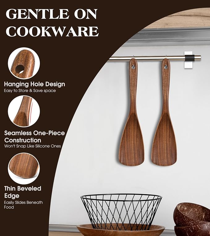 2Pcs Wooden Spatula Spoon, Multifunction Cooking Spoon for Nonstick Cookwares, Heat Resistant Acacia Wooden Spoon Spatula for Cooking, Mixing, Scooping, Scraping, BPA-Free, 11.6 x 2.8 Inch