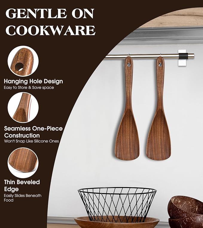 Wooden Spatula Spoon, Multifunction Spatula Cooking Spoon for Non Stick Cookware, Heat Resistant Acacia Wood Kitchen Utensils for Cooking, Serving, Scooping, Scraping, BPA-Free, 11.6 x 2.8 Inch