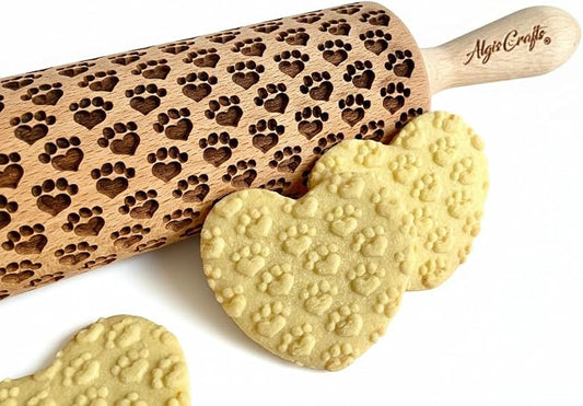 Rolling pin PAW-HEARTS. Wooden embossing rolling pin with paw pattern. Embossed cookies. Pottery. Birthday gift. Dog cat pet lover