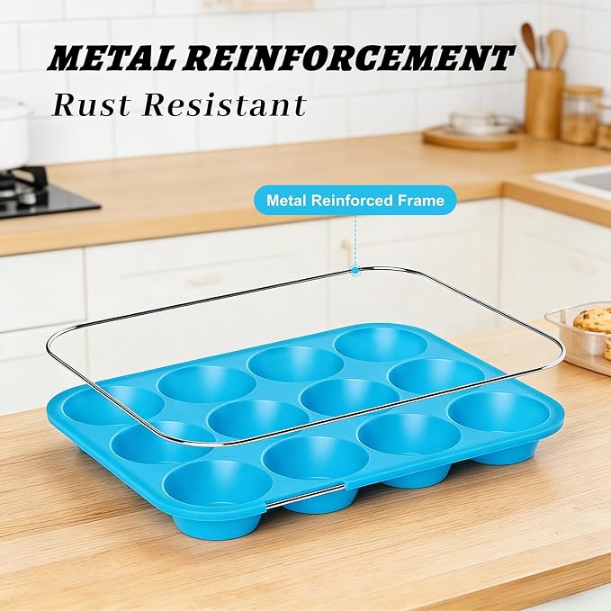 2Pack Silicone Muffin Pans with Metal Reinforced Frame,12 Cup Regular Size Silicone Cupcake Pan,Muffin Tin,Nonstick Cupcake Baking Molds for Muffins,Cupcakes,Egg Bites,BPA Free (2Pack Blue)