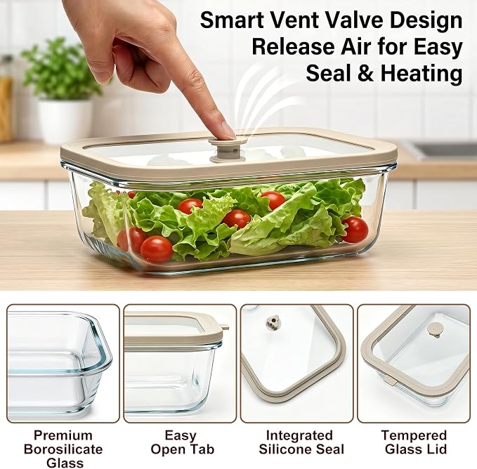 50 oz Glass Food Storage Containers with Glass Lids, 2 Pack | Non Toxic Meal Prep Containers, Airtight Glass Lunch Containers for Fruits, Vegetables, Microwave, Dishwasher