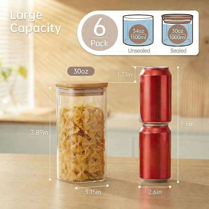 HomArtist Square Glass Jars with Bamboo Lids 30 FL OZ [Set of 6], Glass Canisters with Airtight Lid, Glass Food Storage Container for Pasta, Flour, Sugar, Rice, Best for Kitchen & Pantry | Pantry Jars for Pasta, Rice, Sugar & Flour, Durable Borosilicat...