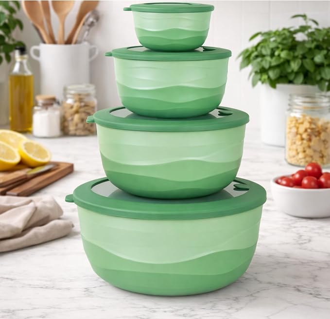 Pera Mixing Bowls with Lids, 8-Piece Airtight Leak-Proof Nesting BPA-Free Prep Bowl Set for Kitchen & Food Storage, Large 4200ml Capacity, Microwave & Dishwasher Safe(Green)