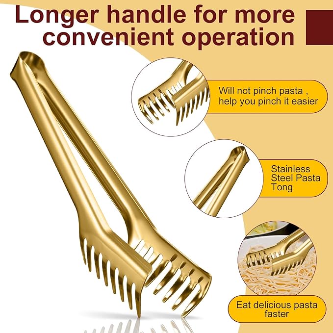 Patelai Stainless Steel Spaghetti Spoon and Pasta Tongs Set, Long Handle Noodle Server Tools with Drain Holes, Non-slip Grip for Cooking, Serving Pasta and Noodles