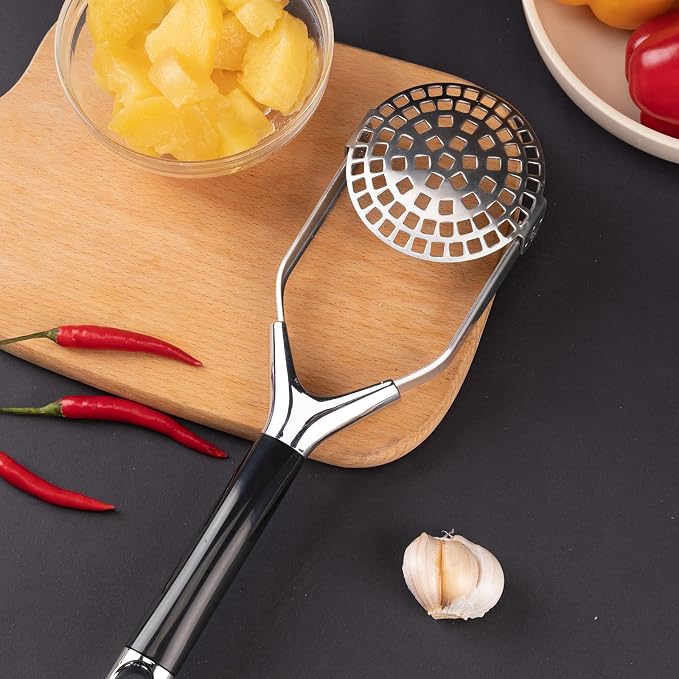 Mashed Potato Masher Stainless Steel Foldable Non Stick 12 Inch Long Handle Heavy Duty Smasher Kitchen Tool,Potato Masher and Peeler for Avocado, Bean, Baby Food, Silver