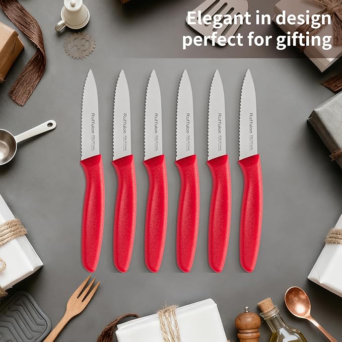 Stainless Steel Paring Knife With Serrated Blade, 6 Pieces Set Vegetable and Fruit Knife, Ultra Sharp Small Kitchen Knife, Red Paring Knives with PP Plastic Ergonomic Handle.