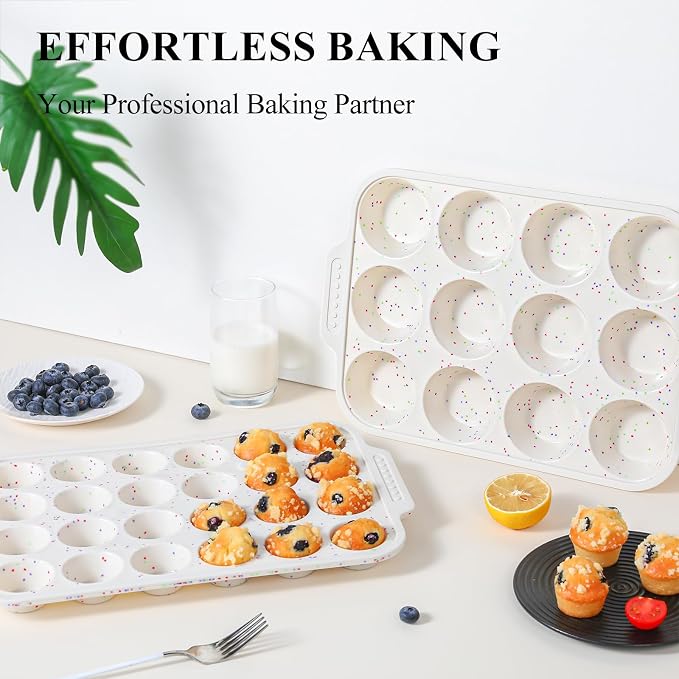 Vinino 12 Cup and 24 Cup Silicone Muffin Pans with Reinforced Frame, Cream | Silicone Muffin Pans Set for Baking with Non-Slip Handle, Nonstick Muffin Tray for Oven, BPA Free, Dishwasher Safe-Cream