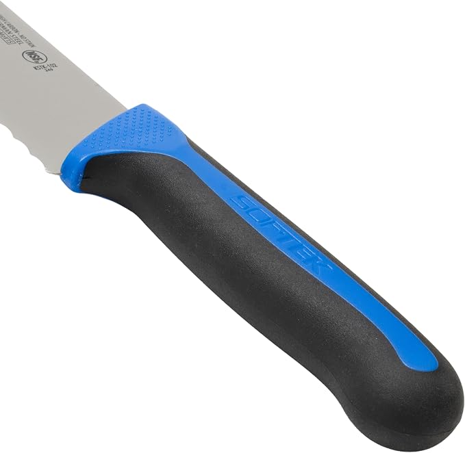 Winco Sof-Tek, 10" Wide Bread/Pastry Knife, Soft Grip Handle,Silver/Black/Blue