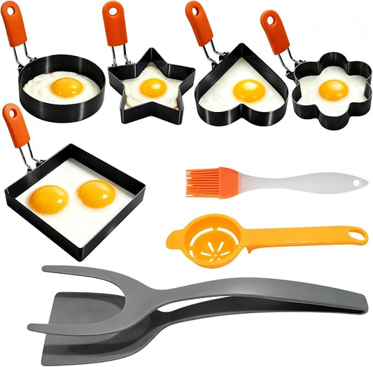 8 Pcs Nonstick Stainless Steel Egg Rings,Multi-Shape Egg Cooking Molds with Silicone Handle,Oil Brush & Egg Separator,Kitchen Griddle Accessories for Frying Eggs,Omelets,Pancakes,Muffins