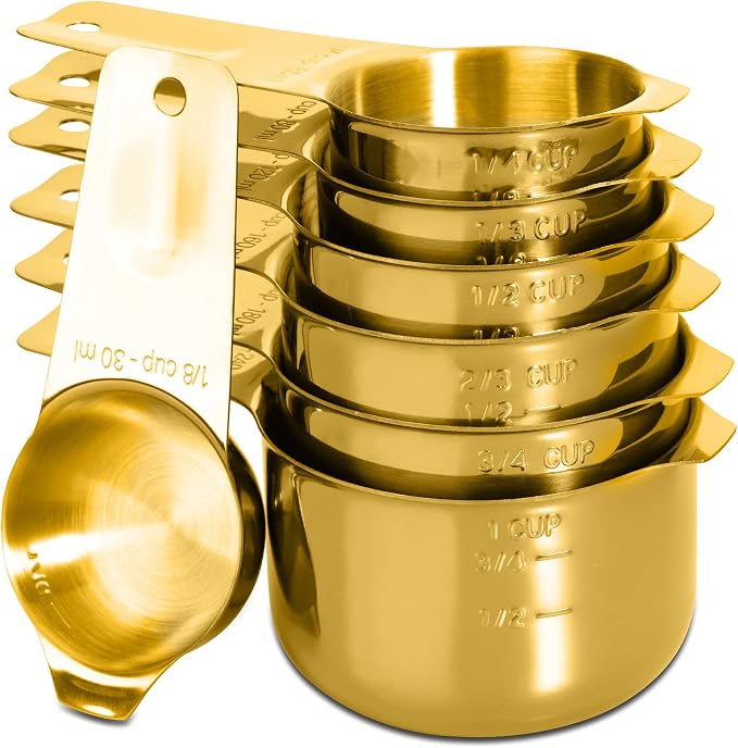 7-Piece 18/8 Stainless Steel Measuring Cups Set, Gold | Includes 1/16, 1/4, 1/3, 1/2, 2/3, 3/4 and 1 Cup, Engraved US and Metric Markings, Pour Spouts and Ring Connector