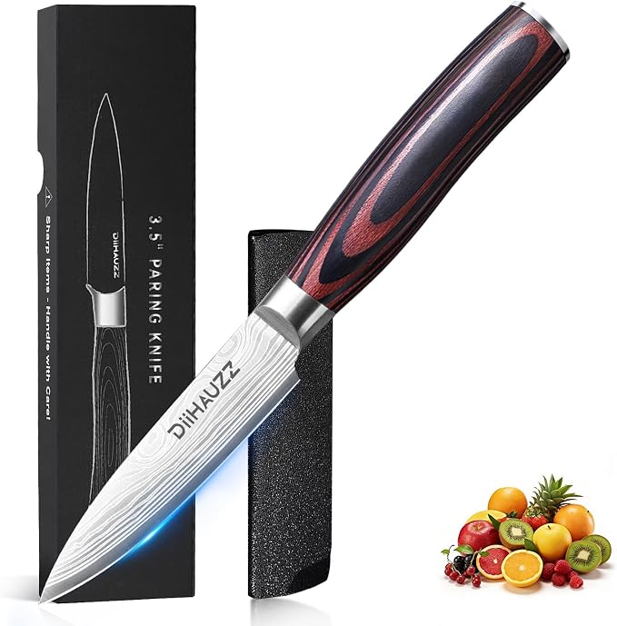 DiiHAUZZ Paring Knife, 3.5 Inch Fruit Knife, High Carbon Stainless Steel | Ultra Sharp Forged Blade, Ergonomic Pakkawood Handle No Cracking, Peeling Fruits Cutting Slicing Vegetable, Gift Box & Sheath