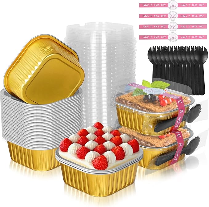 10oz Mini Cake Pans with Lids, 40 Pack Aluminum Foil Brownie Pans,Disposable Ramekins Muffin Tins,Square Baking Pans Cupcake Cups,Individual Dessert Containers Flans for Brownie - Gold