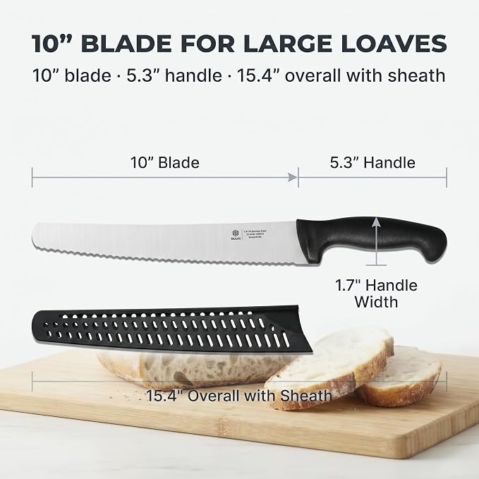 10 Inch Serrated Bread Knife for Homemade Bread, Sourdough & Artisan Loaves, 1.4116 German Stainless Steel, Protective Sheath, Black