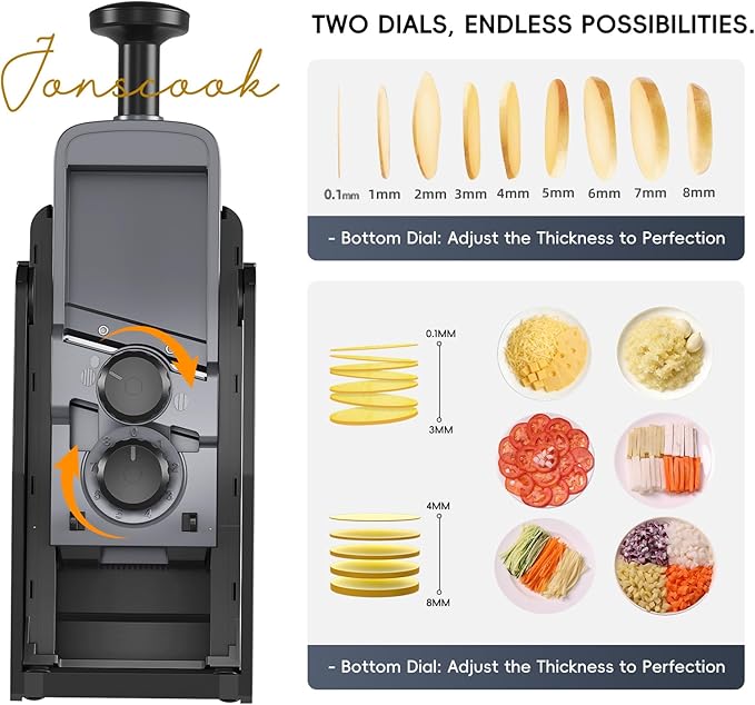 Jonscook 7-in-1 Safe Mandoline Slicer for Kitchen, Vegetable Slicer with Container, Veggie Chopper Cutter, Upgraded Tray & Stainless Steel Grater & Basket & Lid & Cleaning Brush (Black Knight Pro)