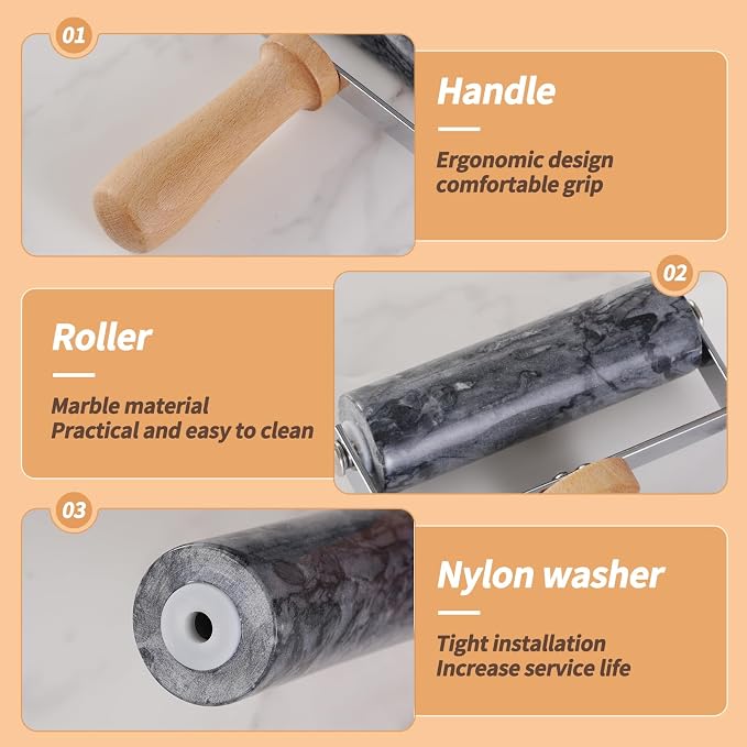 Small Marble Rolling Pin for Dough-Non-Stick T-shaped Hand Roller for Dough,Compact-Ideal for Home Bakers(Type A Black)