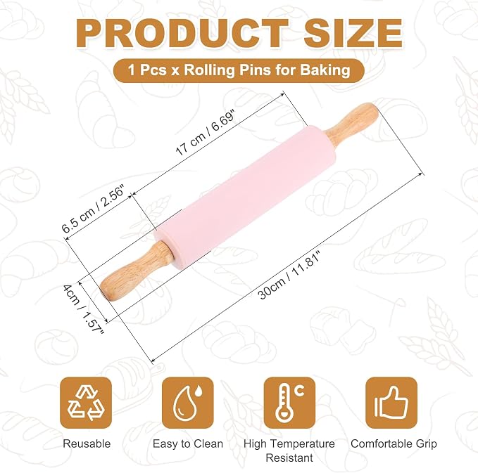 uxcell Rolling Pins for Baking, 12 Inch Silicone Non-Stick Rolling Pin Baking Roller Wooden Handle for Home Kitchen Dough Cookies Pastry, Pink