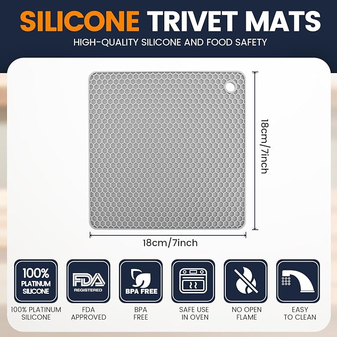 Silicone Trivet Mats 4 Heat Resistant Pot Holders Multipurpose Non-Slip Hot Pads for Kitchen Potholders, Drying mat, Jar Opener, Spoon Holder, Coaster.(Light Grey)