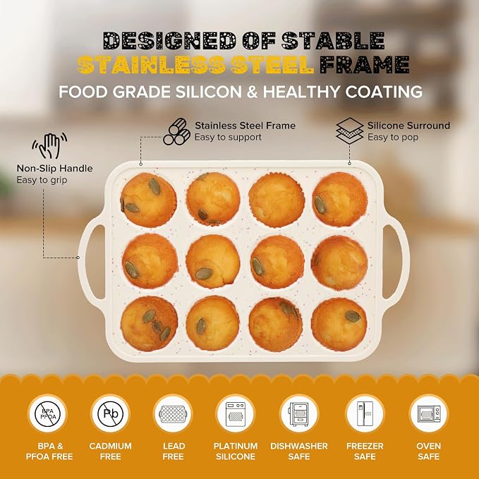 Silicone Muffin Pan, Metal Reinforced Frame Regular Size 2.8 Inch Cupcake Pan with Handle 12 Cups Nonstick Muffin Tray for Baking BPA Free 1 Pack Confetti