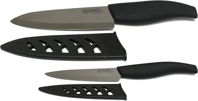 EcoJeannie CKS001 2-Piece Set: Premium Coffee Color Ceramic Knives - 6 Inch Chef's Knife & 4 Inch Paring Knife with Protective Covers