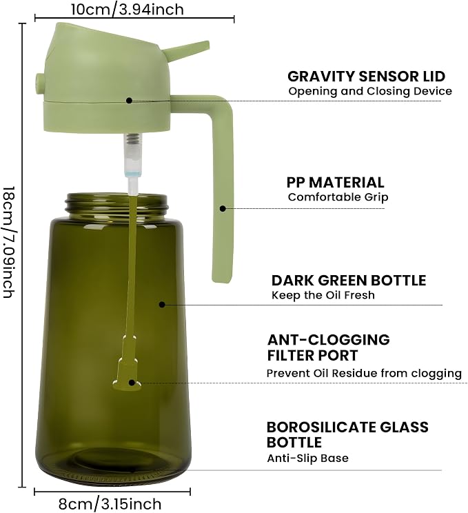 Oil Dispenser Glass Bottle, 16oz/470ml, 2 in 1 Oil Sprayer and Pourer, Light-Blocking Dark Glass, for Cooking, Air Fryer, Salad, BBQ (Black)