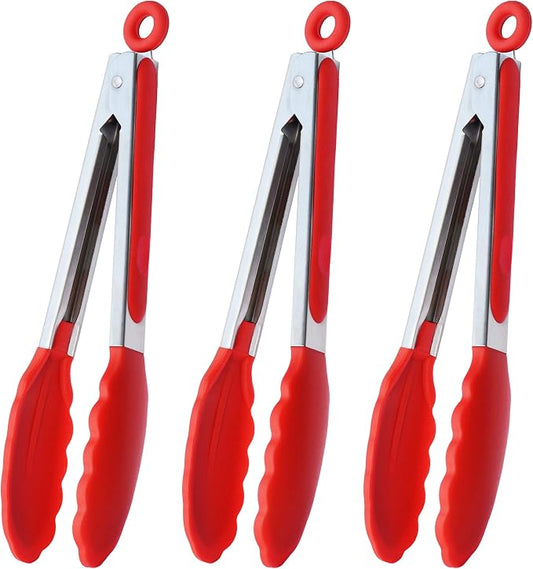 HINMAY Silicone Cooking Tongs 9-Inch Serving Tongs, Set of 3 (Red)