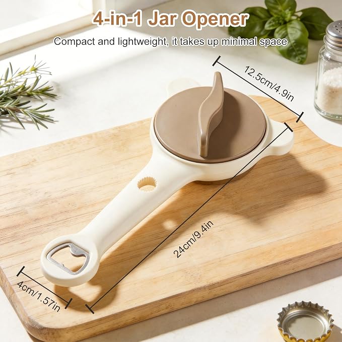 2026 New 4-in-1 Jar Opener-Adjustable Stainless Steel Lid Remover for Seniors & Arthritis,Non-Slip Grip Fits 1″-3.5″Jars,Bottles & Cans(Brown)