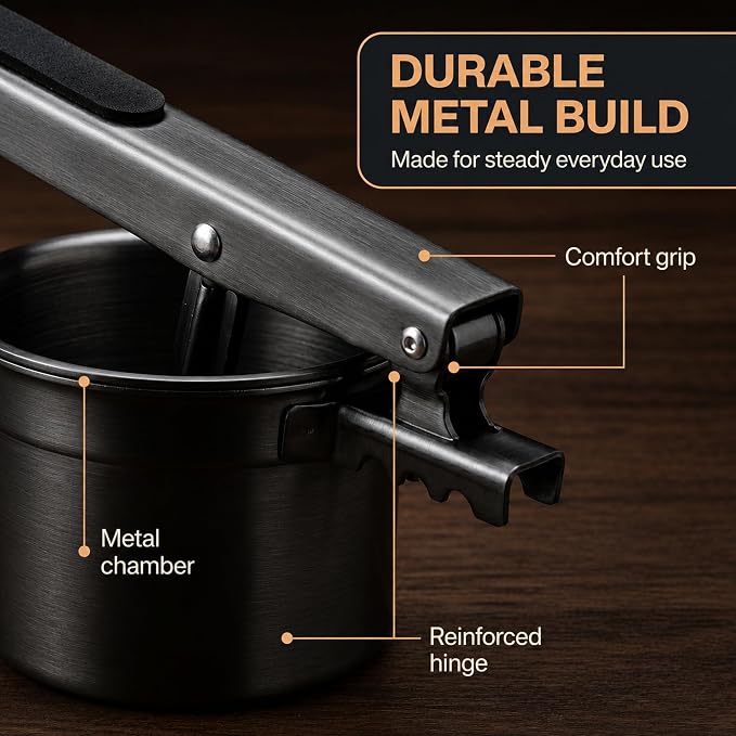 Potato Ricer Stainless Steel (15 oz, Black) - Heavy Duty Potato Masher with 3 Interchangeable Discs & Peeler - Easy Mashed Potatoes Kitchen Tool by Kovilo