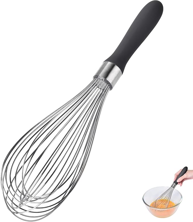 18/8 Stainless Steel Balloon Whisk for Cooking (Large, Black) | Heavy Duty Metal Kitchen Wire Whisker Wisking Tool Egg Beater Hand Mixer for Mixing Baking Beating Stirring Sauce Flour