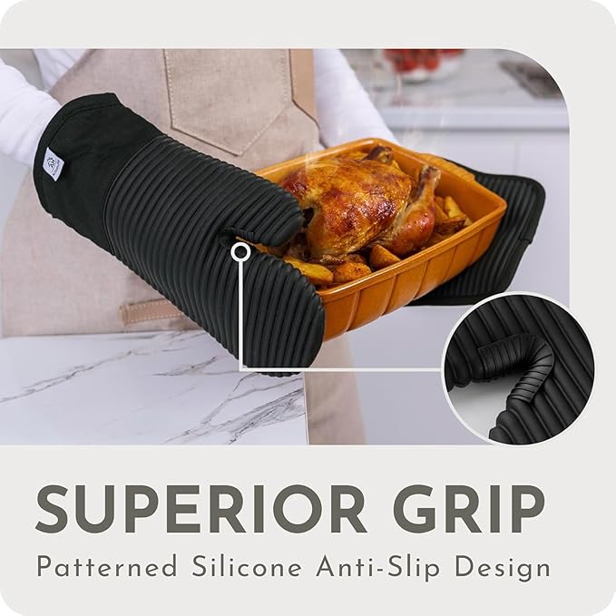 Silicone Oven Mitts and Pot Holders Set, 4-Piece | Extra Long Heat Resistant 500°F, Non-Slip Waterproof Oven Gloves with Quilted Cotton Lining | BPA-Free Hot Pads for Baking, Grilling & Cooking