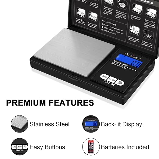 Fuzion Digital Pocket Gram Scale - 1000g/0.1g Small Food Scale Portable | Easy of Use, LCD Display, Tare Function, 6 Modes Ounces Grains, Batteries Included, Travel Food Scale