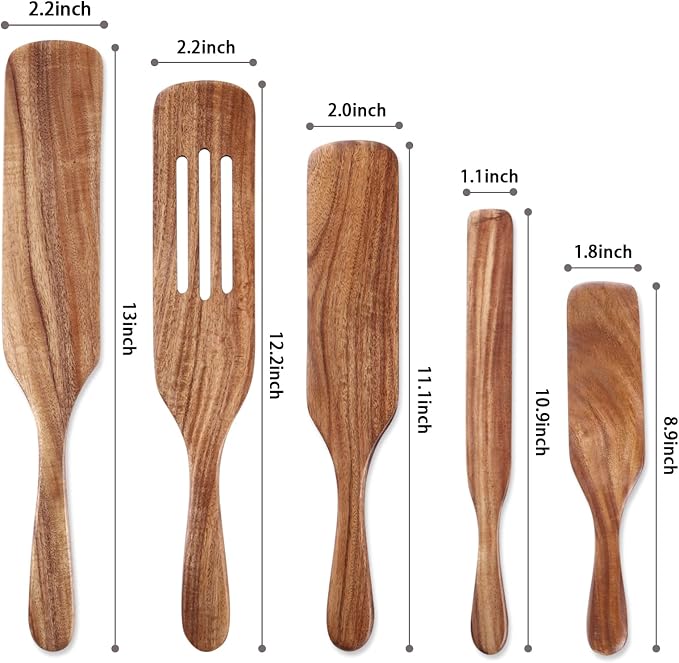 5Pcs Wooden Spurtle Set, Natural Acacia Wood Kitchen Utensils Set for Cooking, Stirring, Mixing, Serving, Heat Resistant Non-Stick, Wooden Spurtles for Mom, Wife Cooking Gifts