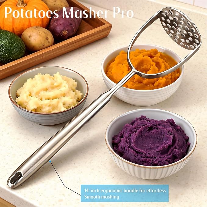 Potato Masher Stainless Steel, 14 Inch Potato Smasher - Kitchen Essential for Mashed Potatoes, Pumpkin, Carrots, Avocado & Fruits, Heavy Duty Metal Mashing Utensil (Silver)