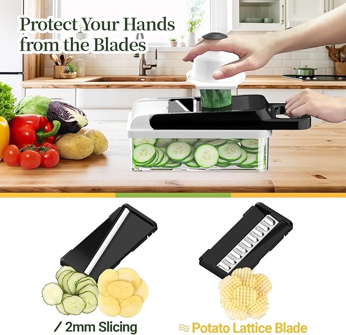 StoreHappily 12-in-1 Vegetable Chopper, 10 Blades Veggie Chopper with Container and Lid, Dicer, Slicer, Multifunctional Kitchen Gadgets, Vegetable Cutter with Handle, Onion Cutter(Black/White)