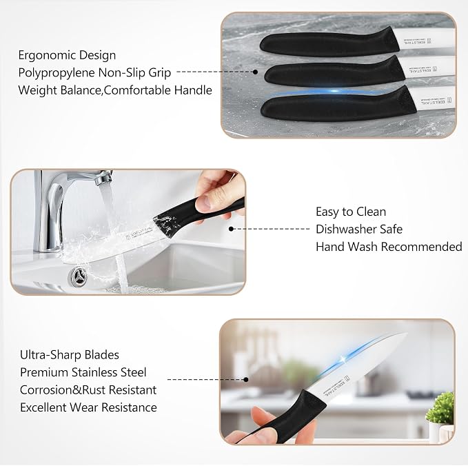 Paring Knife Set of 6,Premium Paring Knives,Stainless Steel Vegetable&Fruit Knife,Sharp Small Knife Set,Straight Edge Paring Knives Set,PP Plastic Handle Cutting Knifes,Black,Peeling Knives